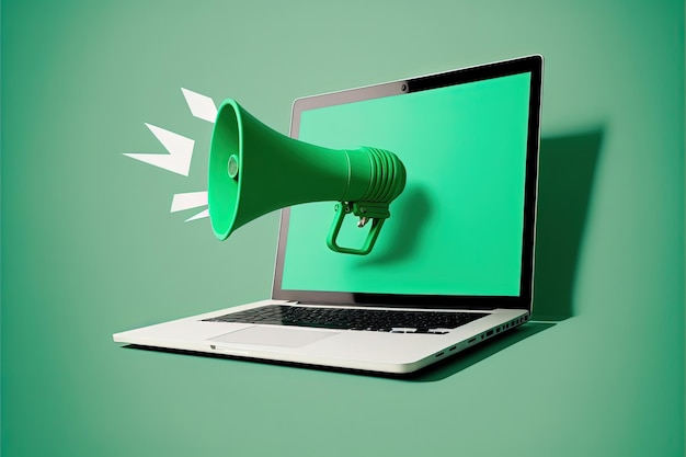 Megafone na tela do laptop, fundo verde. IA generativa