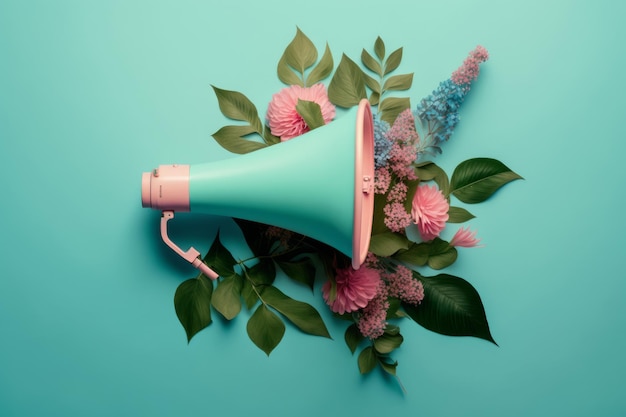 Megafone rosa com flores brilhantes de verão e folha verde Illustrator AI Generative