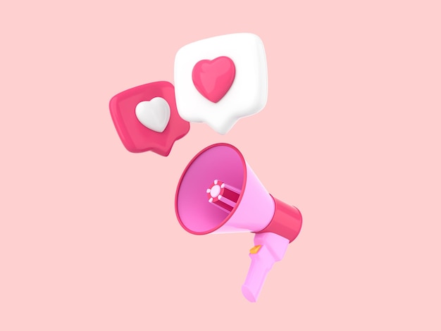 Megafone rosa e bolha do discurso com coração. ilustração 3D