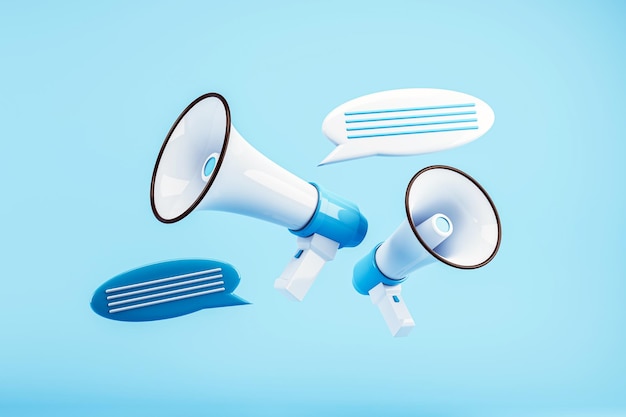 Megafone und Sprachblasen auf hellblauem Hintergrund 3D-Rendering