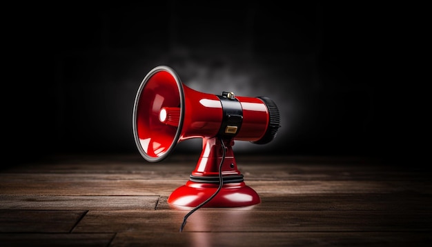 Megafone vermelho na mesa de madeira no quarto escuro