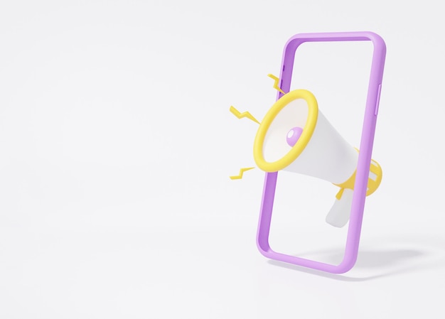 Megafone via Smartphone Conceito de comunicação de mídia social de estilo de desenho animado mínimo no espaço de cópia de amplificador de fundo branco ilustração de renderização 3D