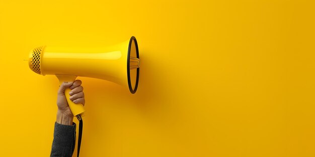 un megáfono amarillo con un hombre de pie delante de él