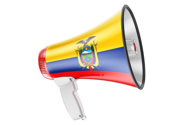 Megáfono con bandera ecuatoriana 3D rendering aislado sobre fondo blanco.