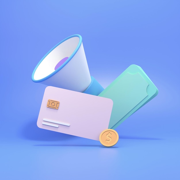 Megáfono con estilo con dinero y una tarjeta bancaria sobre un fondo azul. Concepto de bienestar financiero. Ilustración de render 3d.