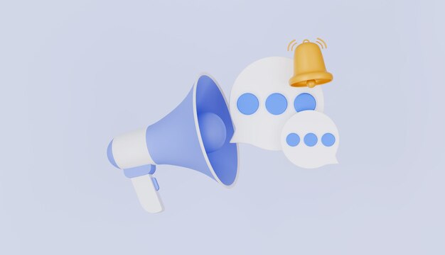 Megáfono con mensaje de chat y icono de campana notificación anuncio icono publicidad de marketing