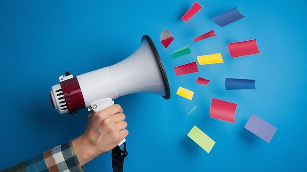 Megáfono con mensajes de papel de colores Un concepto de comunicación vibrante