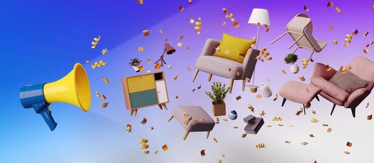Megáfono con muebles volando en el fondo Concepto de venta de anuncios de muebles
