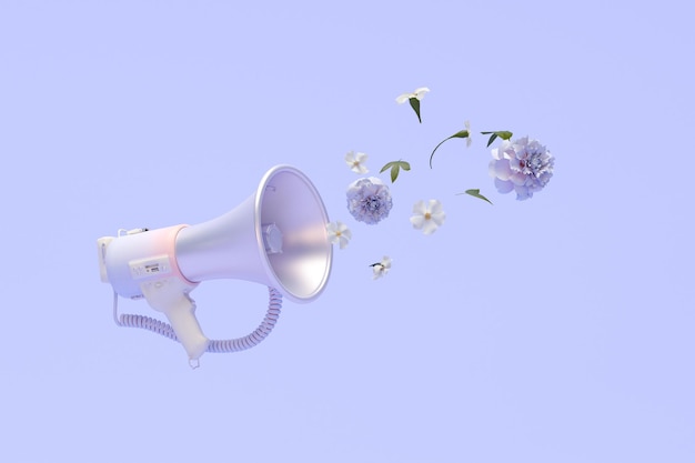 Megaphon mit bunten Blumen und Blättern, die vor pastellviolettem Hintergrund herauskommen