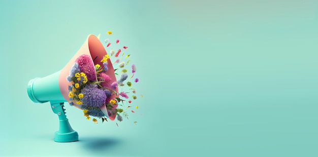 Megaphon mit bunten pastellfarbenen Sommerblumen, Werbe- und Marketingkonzept, soziale Medien