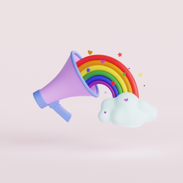 Megaphon mit Regenbogenfahne Lautsprecher der Lgbt-Gemeinschaft kündigt den Stolzmonat an 3D-Renderillustration