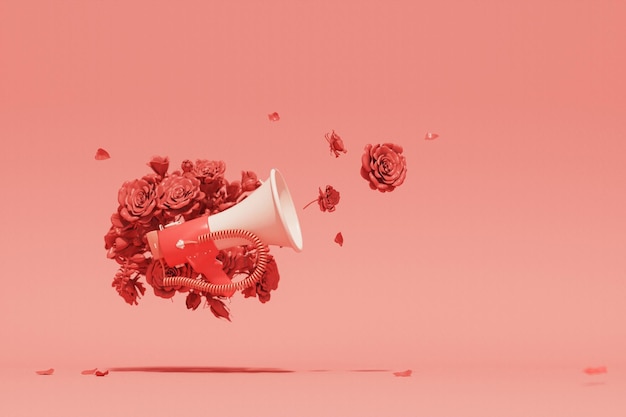 Megaphon mit Rosenblüten auf rotem Hintergrund Werbeidee