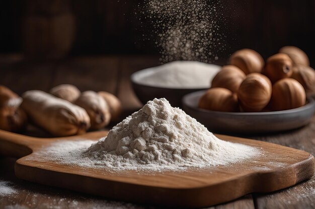 Mehl auf einem Holzbrett, Küchenhintergrund zum Kochen