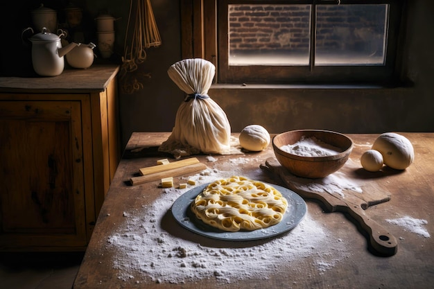 Mehlplattenbrett und Teig auf Tischtagliatelle machen