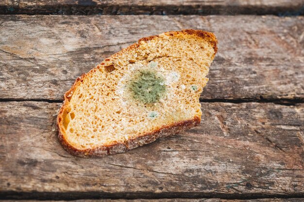 Mehltau auf einer Scheibe Brot, auf einer Holzoberfläche liegend.