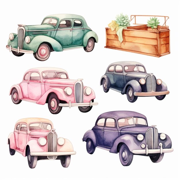 Foto mehrere alte autos sind in verschiedenen farben und designs gemalt generative ai