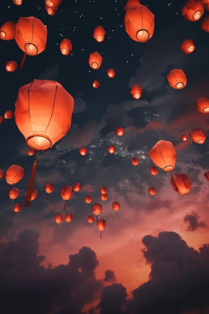 Mehrere beleuchtete chinesische Laternen über dem Himmel mit Wolken, die mit generativer KI-Technologie erstellt wurden