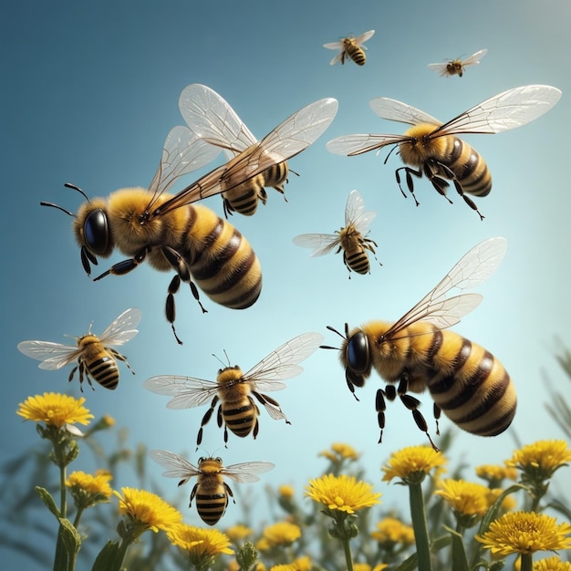 mehrere Bienen auf einem Himmelshintergrund