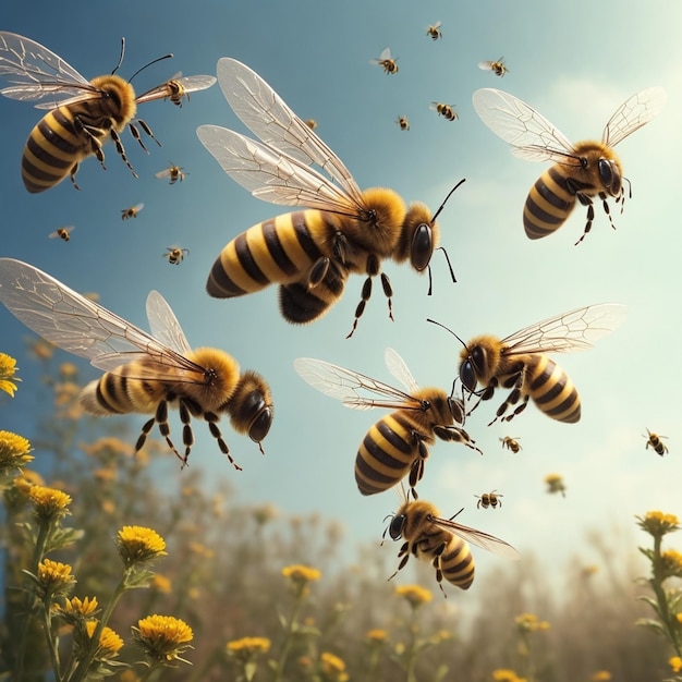 mehrere Bienen auf einem Himmelshintergrund