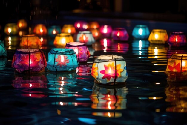 Foto mehrere bunte diwali-laternen schwimmen nachts in einem pool