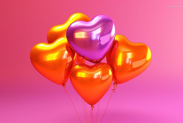 Mehrere bunte herzförmige Luftballons auf rosa Hintergrund