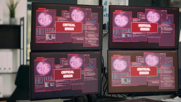 Mehrere Computer zeigen Hacking-Warnung und Sicherheitslücke, Serversystem wird gehackt. Monitore zeigen auf dem Bildschirm blinkende kritische Fehlermeldungen und eine Warnung vor Malware-Bedrohungen an.