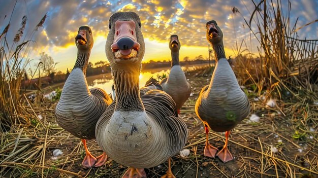 Mehrere Enten stehen auf einem mit Gras bedeckten Feld