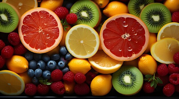 Mehrere Früchte in verschiedenen Stücken in der Collage im Stil heller Farbblöcke