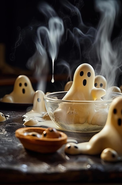 Mehrere Geisterplätzchen liegen auf einem Tablett, um Halloween-Essen zu essen