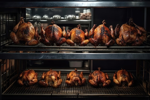 Mehrere Hühner auf einem Metallgestell im Ofen gegart. Generative KI
