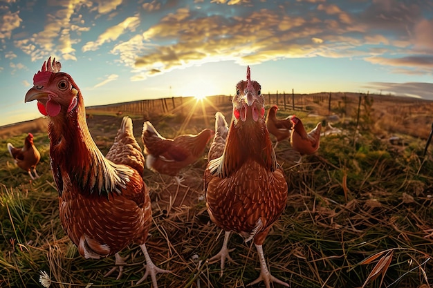 Mehrere Hühner stehen auf einem trockenen Grasfeld unter der Sonne
