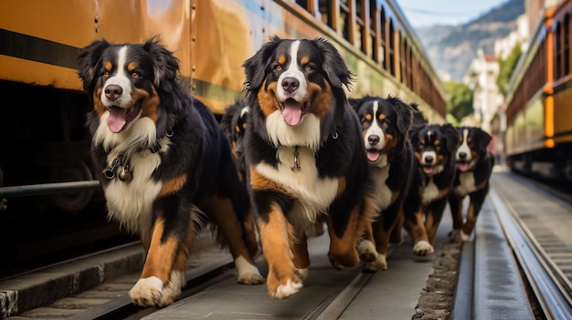 Mehrere Hunde laufen zusammen auf demselben Weg und sind freundlich zueinander.