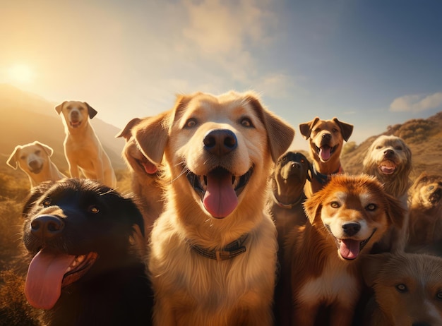 Mehrere Hunde machen ein Gruppen-Selfie