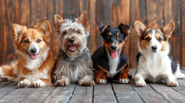 Mehrere Hunde sitzen in einer Reihe auf dem Holzboden