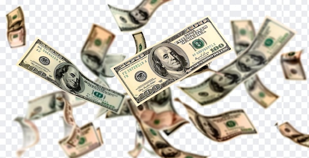 Mehrere Hundert-Dollar-Scheine schwimmen auf einem transparenten Hintergrund, die Reichtum oder finanzielle Konzepte darstellen