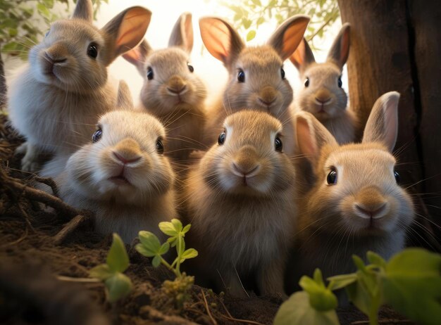 Mehrere Kaninchen machen ein Gruppen-Selfie, jeder schaut in die Kamera.