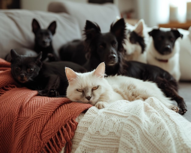 Foto mehrere katzen und hunde, die zusammen auf einer couch ruhen, ruhen sich friedlich aus generative ki