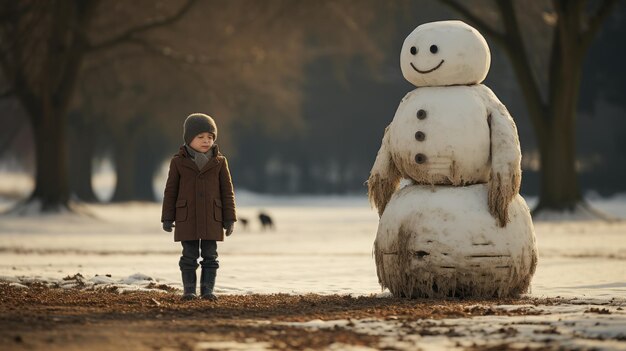 Foto mehrere kinder spielen, um schneemänner draußen im schnee zu machen