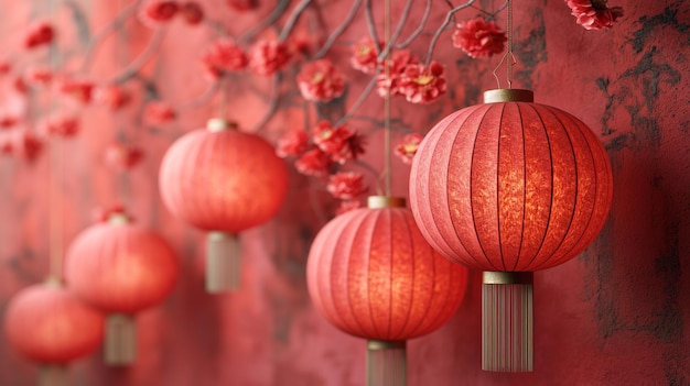Mehrere Laternen hängen an einem Kirschblütenbaum mit roten Blüten Hintergrundbild für chinesische Neujahrsfeiern Generative ai