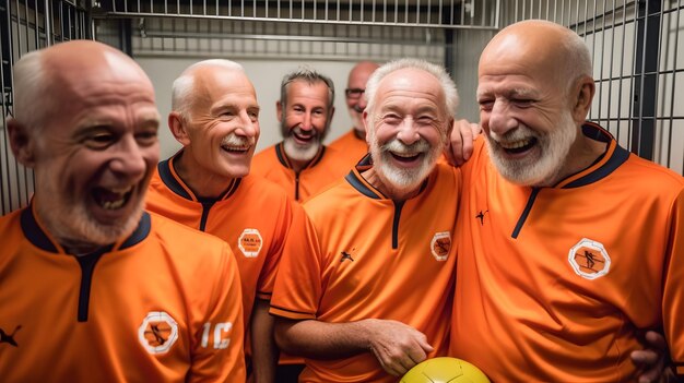 mehrere Männer in orangefarbenen Hemden halten einen gelben Ball Generative KI