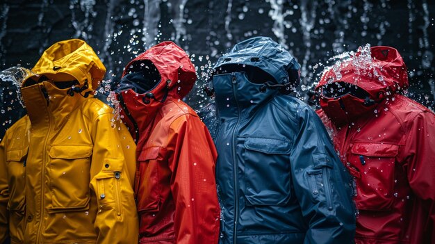 mehrere Menschen in Regenmanteln, die vor einem Wasserfall stehen