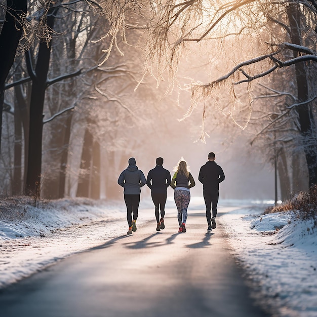 Mehrere Menschen laufen entlang eines Pfades in einem Winterpark