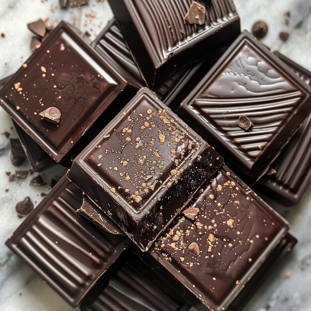 Mehrere Schokoladenstücke liegen auf einem Tisch, darunter ein Stück mit der Aufschrift Schokolade