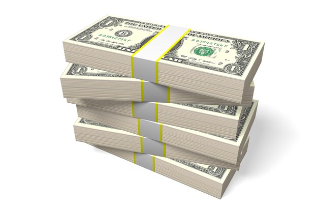 Mehrere Stapel von Ein-Dollar-Scheinen auf weißem Hintergrund 3D-Illustration