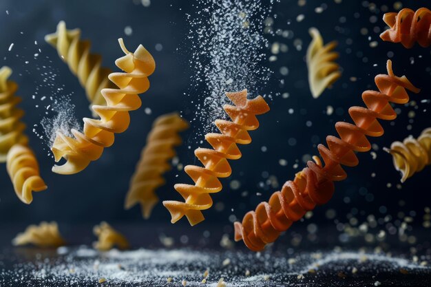 Mehrere Stücke farbenfroher Fusilli, die in der Luft schwimmen Generative KI