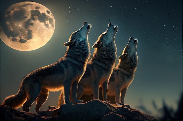 Mehrere Wölfe heulen auf den KI-generierten Mond