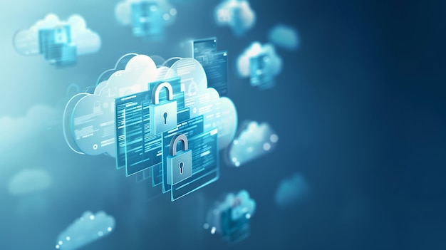 Mehrere Wolken mit Schlössern und Datenpanelen, die die Netzwerksicherheit darstellen