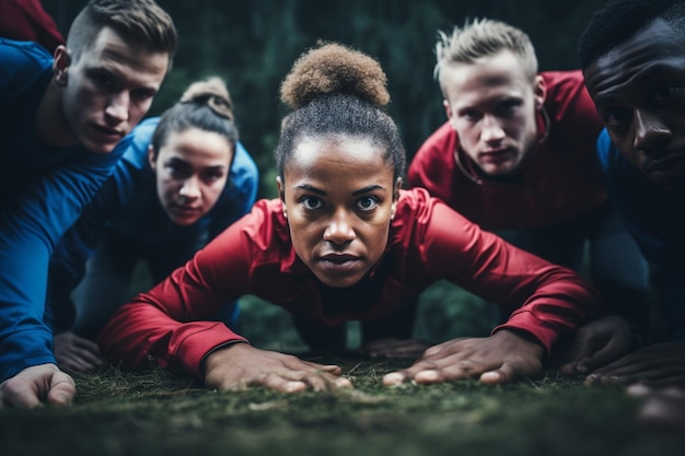 Mehrethnisches Sportteam, das mit Entschlossenheit und Teamarbeit einen gesunden Lebensstil praktiziert