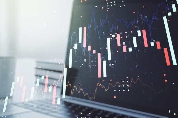 Mehrfachbelichtung abstrakter Finanzdiagramme auf dem Finanz- und Handelskonzept des Laptop-Hintergrunds