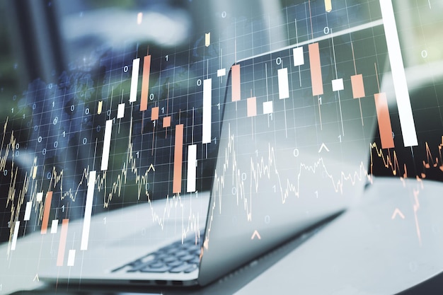 Mehrfachbelichtung abstrakter Finanzdiagramme mit Weltkarte auf modernem Computerhintergrund Finanz- und Handelskonzept